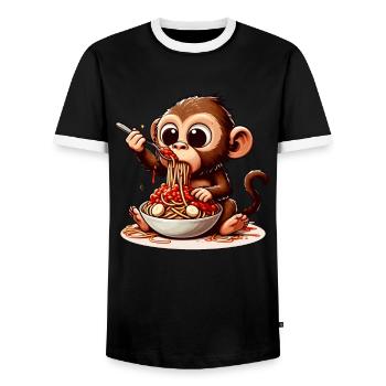 Monkey enjoying spaghetti bolognese - Men's Ringer Shirt - black/white - Front - AI Model Female 172 light (172cm) & AI Model Male 178 light (178cm)