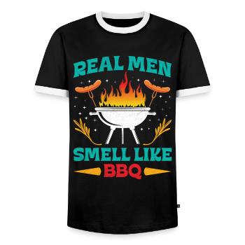 REAL MEN SMELL LIKE BARBECUE BBQ Funny - Men's Ringer Shirt - black/white - Front - AI Model Female 172 light (172cm) & AI Model Male 178 light (178cm)
