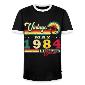 Vintage May 1984 May 1984 Vintage May 1984 - Men's Ringer Shirt - black/white - Front - AI Model Female 172 light (172cm) & AI Model Male 178 light (178cm)