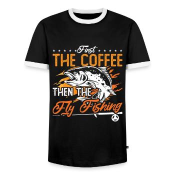 Pêche à la mouche d’abord Le café puis La chasse au poisson - T-shirt contrasté Homme - noir/blanc - Devant - AI Model Female 172 light (172cm) & AI Model Male 178 light (178cm)