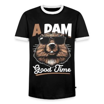 Funny Beaver Animal A dam good time - Men's Ringer Shirt - black/white - Front - AI Model Female 172 light (172cm) & AI Model Male 178 light (178cm)