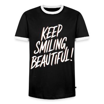 Keep Smiling Beautiful Positive Affirmation - Men's Ringer Shirt - black/white - Front - AI Model Female 172 light (172cm) & AI Model Male 178 light (178cm)