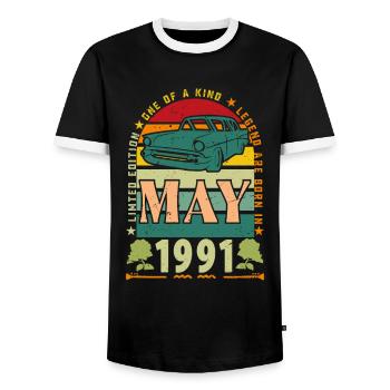 May 1991, May 1991, May 1991 birthday gift. - Men's Ringer Shirt - black/white - Front - AI Model Female 172 light (172cm) & AI Model Male 178 light (178cm)