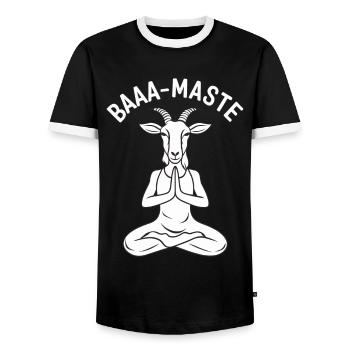 Baaa Mast Relaxed Goat Yoga Pose - Men's Ringer Shirt - black/white - Front - AI Model Female 172 light (172cm) & AI Model Male 178 light (178cm)