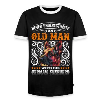 German Shepherd NEVER UNDERESTIMATE AN OLD MAN Grandpa - Men's Ringer Shirt - black/white - Front - AI Model Female 172 light (172cm) & AI Model Male 178 light (178cm)