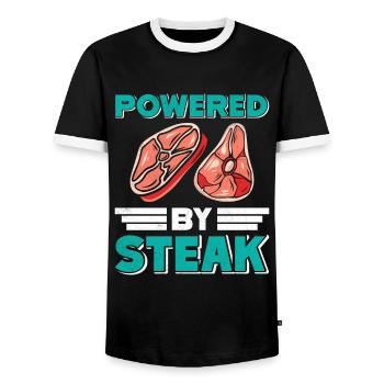MEAT LOVERS POWERED BY STEAK Fun - Men's Ringer Shirt - black/white - Front - AI Model Female 172 light (172cm) & AI Model Male 178 light (178cm)