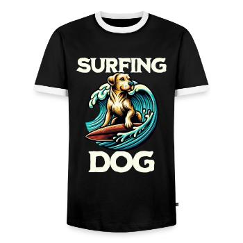 Surfing Dog - Men's Ringer Shirt - black/white - Front - AI Model Female 172 light (172cm) & AI Model Male 178 light (178cm)