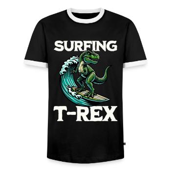 Surfing T-Rex - Men's Ringer Shirt - black/white - Front - AI Model Female 172 light (172cm) & AI Model Male 178 light (178cm)