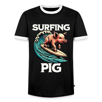 Surfing Pig - Men's Ringer Shirt - black/white - Front - AI Model Female 172 light (172cm) & AI Model Male 178 light (178cm)