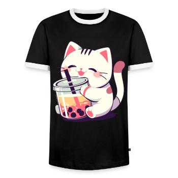 Katze die Bubble Tee trinkt Boba and Cats Anime - Männer Kontrast-T-Shirt - Schwarz/Weiß - Vorne - AI Model Female 172 light (172cm) & AI Model Male 178 light (178cm)