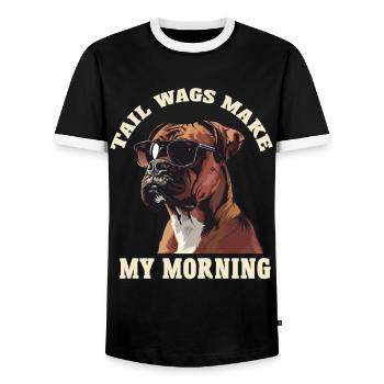 German Boxer TAIL WAGS MAKE MY MORNING Funny - Men's Ringer Shirt - black/white - Front - AI Model Female 172 light (172cm) & AI Model Male 178 light (178cm)