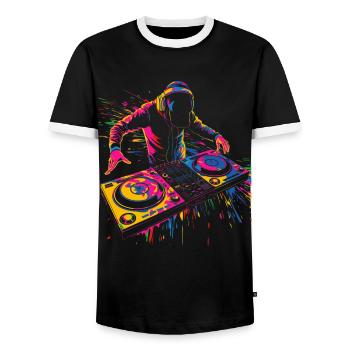 Dj Disc Jockey Turntable Pop Art - Men's Ringer Shirt - black/white - Front - AI Model Female 172 light (172cm) & AI Model Male 178 light (178cm)