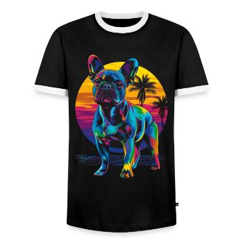 French Bulldog Frenchie Dog Beach Sunbathing - Men's Ringer Shirt - black/white - Front - AI Model Female 172 light (172cm) & AI Model Male 178 light (178cm)