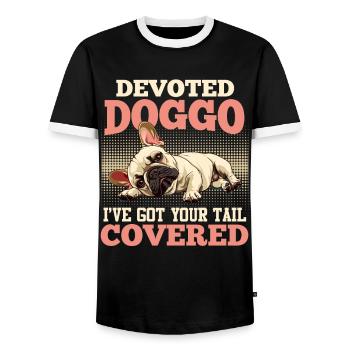 French Bulldog DEVOTED DOGGO Funny - Men's Ringer Shirt - black/white - Front - AI Model Female 172 light (172cm) & AI Model Male 178 light (178cm)