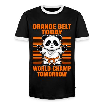 Gelber Gürtel heute Weltmeister morgen. Judo Shirt - Männer Kontrast-T-Shirt - Schwarz/Weiß - Vorne - AI Model Female 172 light (172cm) & AI Model Male 178 light (178cm)