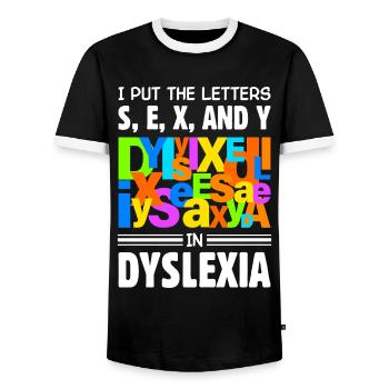 Dyslexia Dyslexia Dyslexia Dyslexic - Men's Ringer Shirt - black/white - Front - AI Model Female 172 light (172cm) & AI Model Male 178 light (178cm)