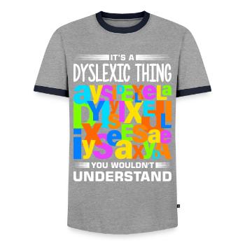 Dyslexie Legasthenie Legastheniker - Männer Kontrast-T-Shirt - Grau/Navy  - Vorne - AI Model Female 172 light (172cm) & AI Model Male 178 light (178cm)