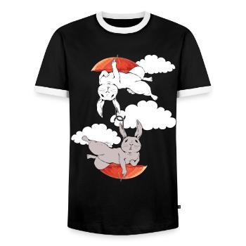 Hase Hasen Kaninchen Regenschirm fliegen träumen - Männer Kontrast-T-Shirt - Schwarz/Weiß - Vorne - AI Model Female 172 light (172cm) & AI Model Male 178 light (178cm)