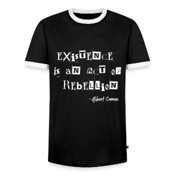 Existence is an act of rebellion Albert Camus - Men's Ringer Shirt - black/white - Front - AI Model Female 172 light (172cm) & AI Model Male 178 light (178cm)