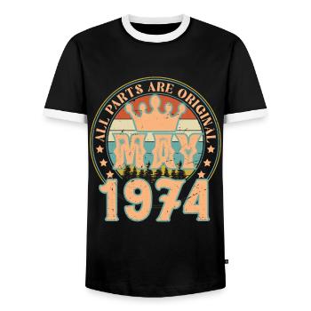 May 1974. May 1974 Birthday Gift. May 1974 - Men's Ringer Shirt - black/white - Front - AI Model Female 172 light (172cm) & AI Model Male 178 light (178cm)