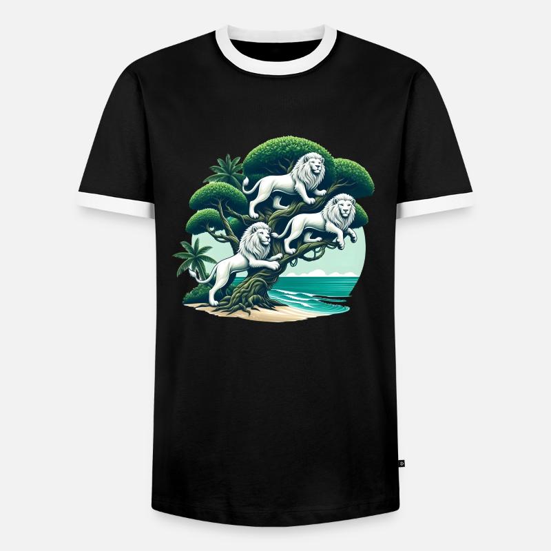 Three white lions on tree - Men's Ringer Shirt - black/white