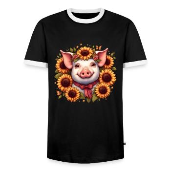 Pig with bow and sunflowers - Men's Ringer Shirt - black/white - Front - AI Model Female 172 light (172cm) & AI Model Male 178 light (178cm)