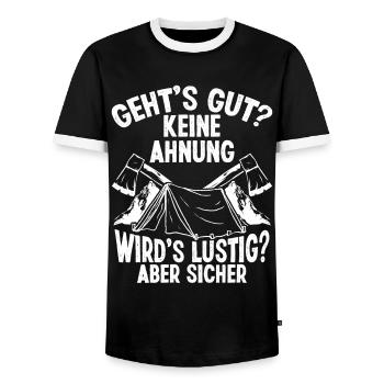 Bushcraft Outfit Bushcrafting Knife Survival Camp - Men's Ringer Shirt - black/white - Front - AI Model Female 172 light (172cm) & AI Model Male 178 light (178cm)