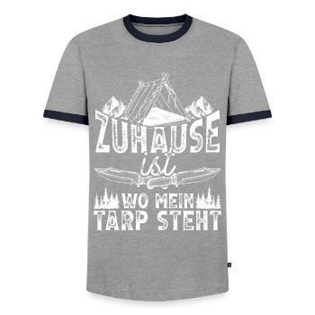 Survival Camping Bushcraft Knife Burshcrafting - Men's Ringer Shirt - grey/navy  - Front - AI Model Female 172 light (172cm) & AI Model Male 178 light (178cm)