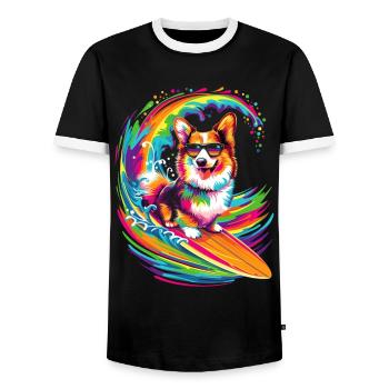 Corgi Dog Surfing Sunglasses Pop Art - Men's Ringer Shirt - black/white - Front - AI Model Female 172 light (172cm) & AI Model Male 178 light (178cm)