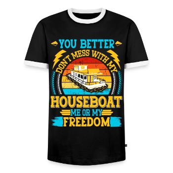 Funny Houseboat Saying - Men's Ringer Shirt - black/white - Front - AI Model Female 172 light (172cm) & AI Model Male 178 light (178cm)