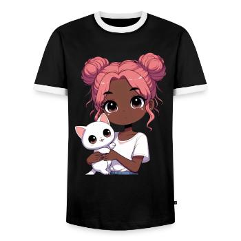 Anime African American Afro Anime Merch Stuff - Men's Ringer Shirt - black/white - Front - AI Model Female 172 light (172cm) & AI Model Male 178 light (178cm)