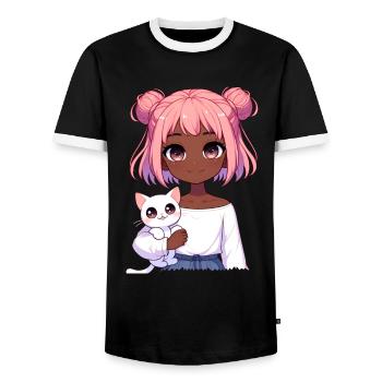 Anime African American Afro Anime Merch Stuff - Men's Ringer Shirt - black/white - Front - AI Model Female 172 light (172cm) & AI Model Male 178 light (178cm)