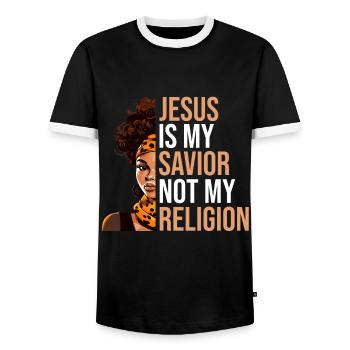 African American Christ Jesus Black Women - Men's Ringer Shirt - black/white - Front - AI Model Female 172 light (172cm) & AI Model Male 178 light (178cm)