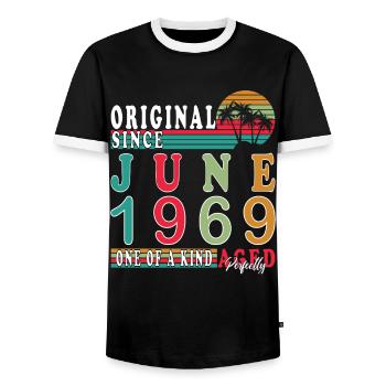 Born June 1969 Born June 1969 Birthday - Men's Ringer Shirt - black/white - Front - AI Model Female 172 light (172cm) & AI Model Male 178 light (178cm)