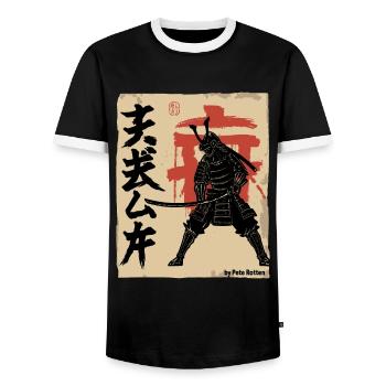 Japan Japanese vintage retro samurai - Men's Ringer Shirt - black/white - Front - AI Model Female 172 light (172cm) & AI Model Male 178 light (178cm)