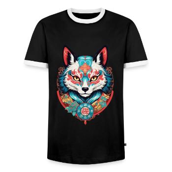 Masque Kitsune Japonais Anime Kawaii Renard Fantôme - T-shirt contrasté Homme - noir/blanc - Devant - AI Model Female 172 light (172cm) & AI Model Male 178 light (178cm)