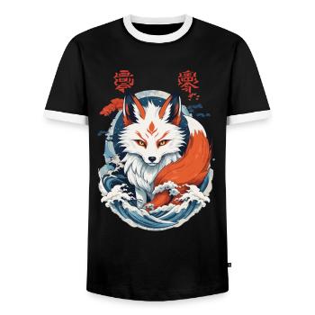 Masque Kitsune Japonais Anime Kawaii Renard Fantôme - T-shirt contrasté Homme - noir/blanc - Devant - AI Model Female 172 light (172cm) & AI Model Male 178 light (178cm)