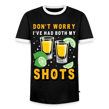 Keine Sorge, ich habe beide Shots gehabt - Männer Kontrast-T-Shirt - Schwarz/Weiß - Vorne - AI Model Female 172 light (172cm) & AI Model Male 178 light (178cm)