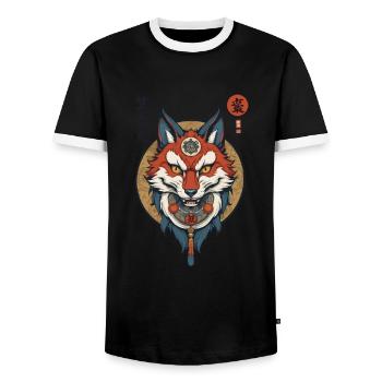 Masque Kitsune Japonais Anime Kawaii Renard Fantôme - T-shirt contrasté Homme - noir/blanc - Devant - AI Model Female 172 light (172cm) & AI Model Male 178 light (178cm)