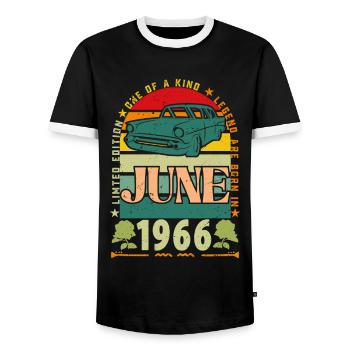 June 1966 Birthday Gift. June 1966 June 1966 - Men's Ringer Shirt - black/white - Front - AI Model Female 172 light (172cm) & AI Model Male 178 light (178cm)