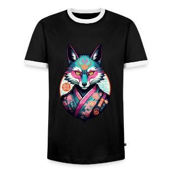 Masque Kitsune Japonais Anime Kawaii Renard Fantôme - T-shirt contrasté Homme - noir/blanc - Devant - AI Model Female 172 light (172cm) & AI Model Male 178 light (178cm)
