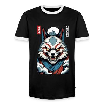 Masque Kitsune japonais vintage de style Ukiyo-E - T-shirt contrasté Homme - noir/blanc - Devant - AI Model Female 172 light (172cm) & AI Model Male 178 light (178cm)