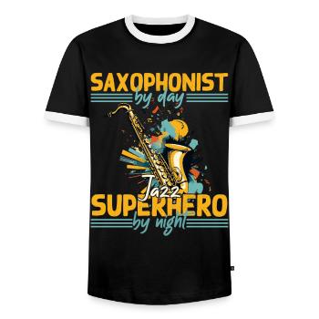 Conception de super-héros de saxophone amusant pour la musique jazz - T-shirt contrasté Homme - noir/blanc - Devant - AI Model Female 172 light (172cm) & AI Model Male 178 light (178cm)