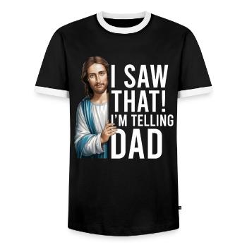 I Saw Jesus Meme Funny Christian - Men's Ringer Shirt - black/white - Front - AI Model Female 172 light (172cm) & AI Model Male 178 light (178cm)