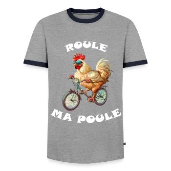Roule ma poule, poule sur un velo, humour cycliste - T-shirt contrasté Homme - gris/marine  - Devant - AI Model Female 172 light (172cm) & AI Model Male 178 light (178cm)