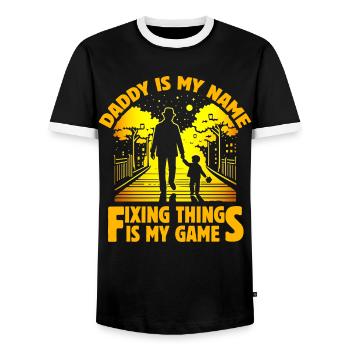 Papa ist mein Name, Dinge zu reparieren ist mein Spiel - Männer Kontrast-T-Shirt - Schwarz/Weiß - Vorne - AI Model Female 172 light (172cm) & AI Model Male 178 light (178cm)
