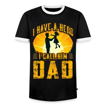 I have a Hero I call him Dad - Men's Ringer Shirt - black/white - Front - AI Model Female 172 light (172cm) & AI Model Male 178 light (178cm)
