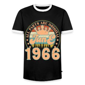 June 1966. June 1966 Birthday Gift. June - Men's Ringer Shirt - black/white - Front - AI Model Female 172 light (172cm) & AI Model Male 178 light (178cm)