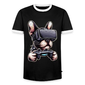 Dogs, French Bulldog video game vr glasses - Men's Ringer Shirt - black/white - Front - AI Model Female 172 light (172cm) & AI Model Male 178 light (178cm)