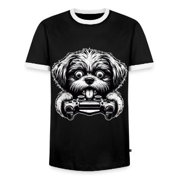 Crazy Shih Tsu dog gamefreak gamers - Men's Ringer Shirt - black/white - Front - AI Model Female 172 light (172cm) & AI Model Male 178 light (178cm)